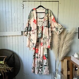 floral 3 piece leisure set, peplum top, pants w elastic waist, & kimono robe